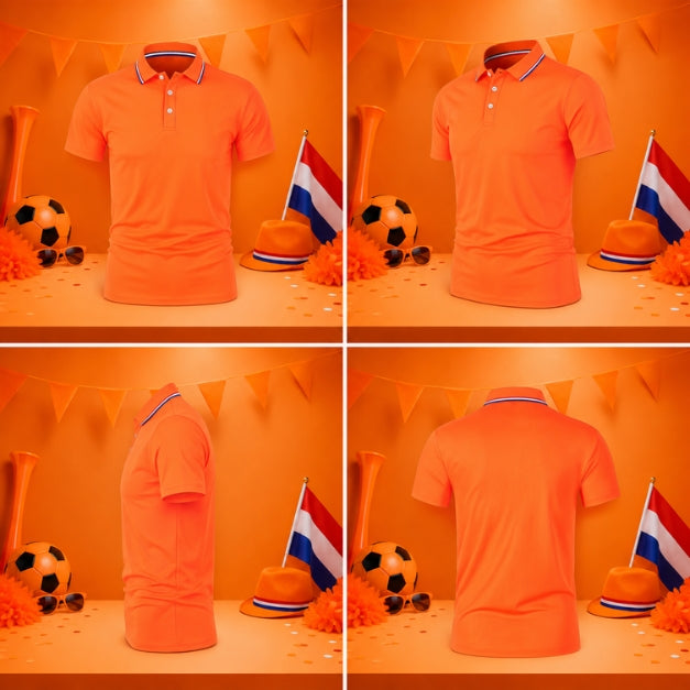 Oranje Polo met Rood Wit Blauw Hals