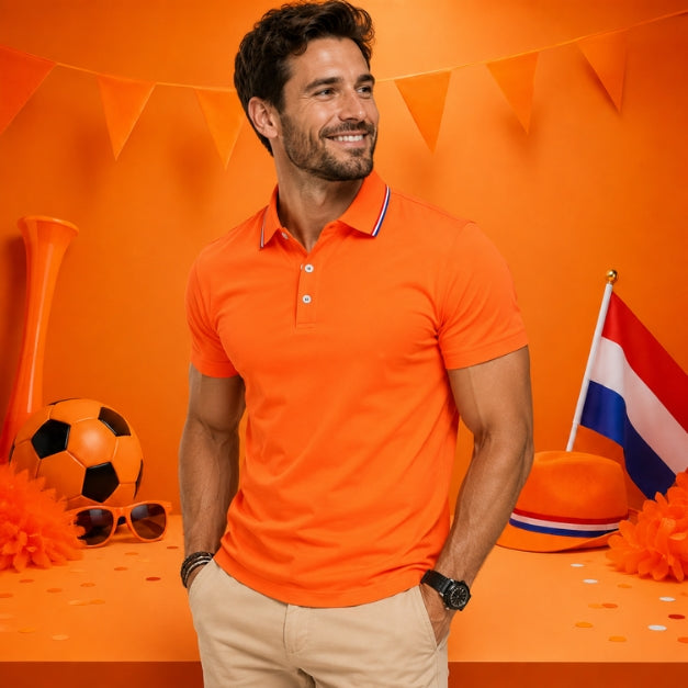 Oranje Polo met Rood Wit Blauw Hals